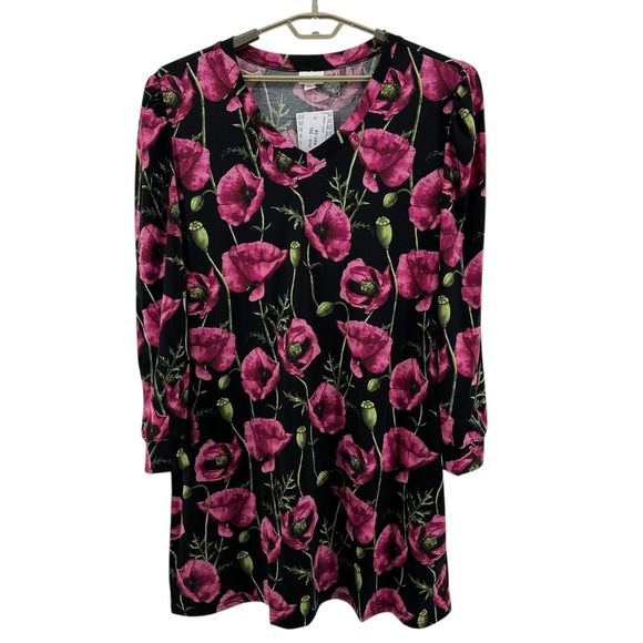LuLaRoe Dresses & Skirts - LuLaRoe Ava Mutton Sleeve Dress 3XL NWT Pink Poppy Floral Black V-Neck Plus Size